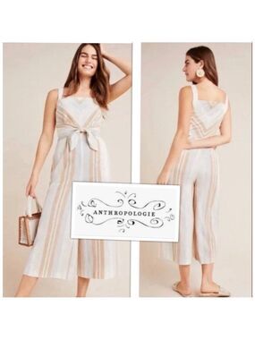 NEW Anthropologie Airy Boho Beachy Wide Leg Tie Linen Blend Jumpsuit Sz l 0